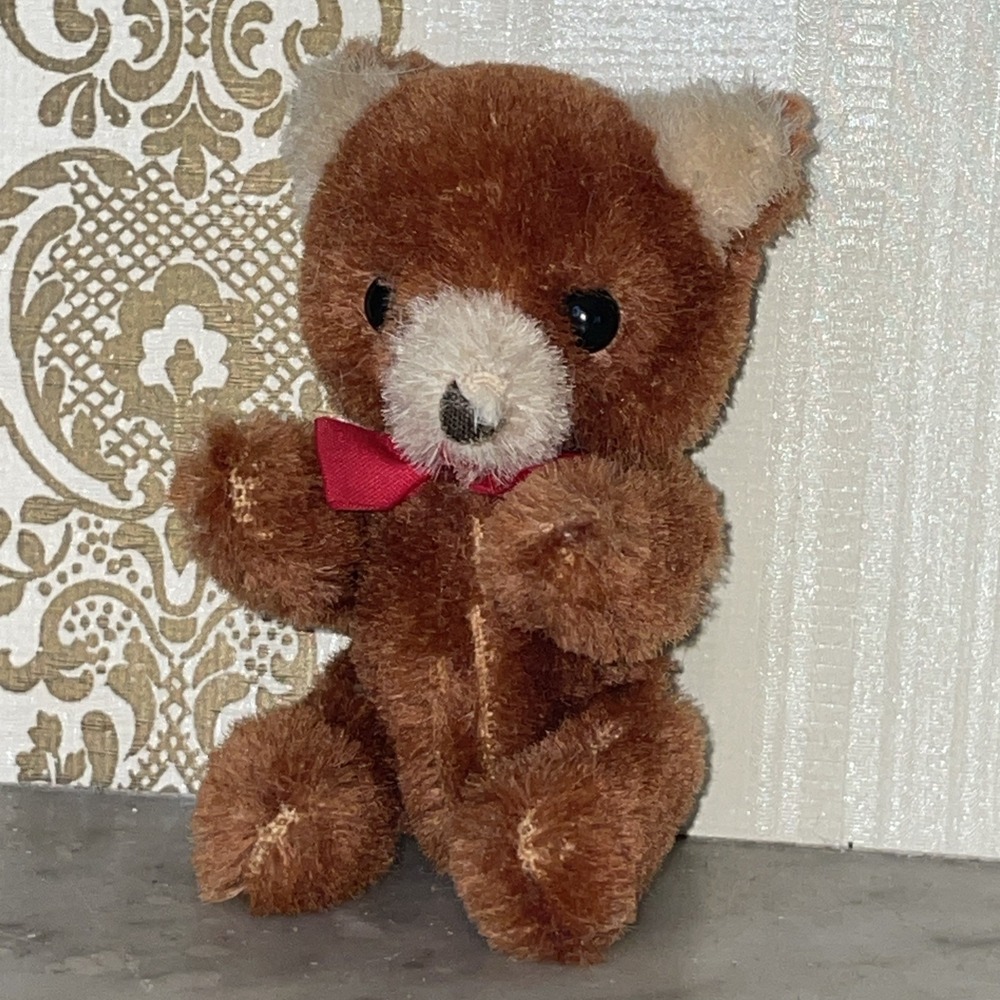 Vintage Posable Brown Teddy Bear | Tan Snout Red Bow Tie | Stands 3" Tall !